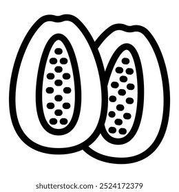 Simple black and white line art illustration of two papaya halves, with seeds visible