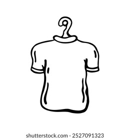 A simple black and white line art illustration of a T-shirt hanging on a hook, perfect for fashion, apparel, or minimalist design projects