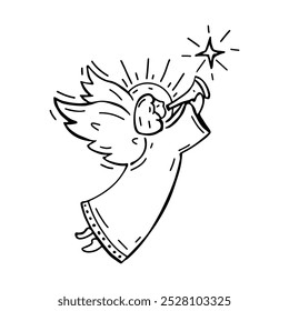 A simple black and white line art illustration of a celestial angel blowing a trumpet toward a star, perfect for holiday decorations and spiritual-themed designs