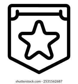 Simple arte de línea en blanco y negro de una insignia militar con una estrella, icono útil para conceptos como servicio militar, rango o patriotismo