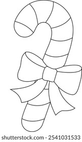  Arte de línea simple, blanco y negro de un bastón de caramelo de Navidades con un arco festivo, ideal para páginas para colorear de temática navideña, decoraciones navideñas, arte de Clip de temporada y proyectos de bricolaje. Esto es minimalista.