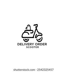 Un logotipo de arte de línea simple, en blanco y negro con un scooter de entrega. Ideal para empresas del sector de la entrega o la logística, haciendo hincapié en la eficiencia y la velocidad.