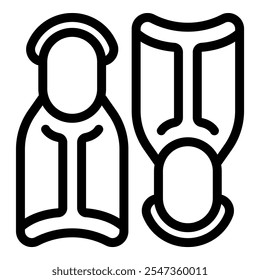 Simple black and white line art icon of two diving flippers, essential equipment for scuba diving and snorkeling