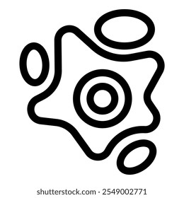 Simple black and white line art icon of an amoeba multiplying by splitting its nucleus, creating new cells