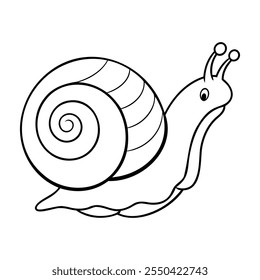 Simple black and white line art of a cartoon snail with a spiral shell and smiling face