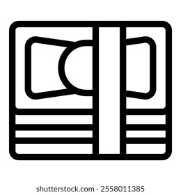 Simple black and white line art vector icon of a vhs cassette tape, evoking nostalgia for vintage media formats