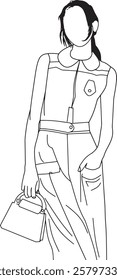 A simple black and white line art illustration of a fashionable woman accessorized with a handbag and modern outfit.