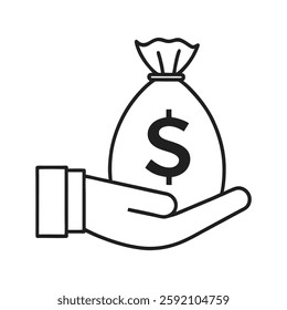 A simple, black and white line art featuring Hand Holding a Money Bag Representing Financial Success.