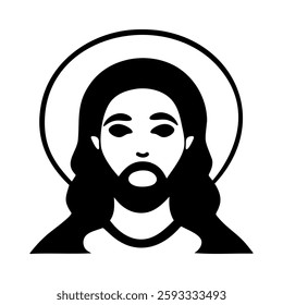 Simple black and white line art of religious figure with halo, designed in a minimalist style for use in spiritual or artistic projects. Vector