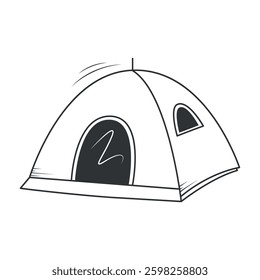 Simple black and white line art of a camping tent. Minimalistic outdoor illustration, perfect for travel, adventure, and camping-themed designs. Vector drawing with clean lines and minimal details.