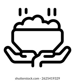 Simple black and white line art icon of two hands holding a bowl of hot steaming food