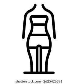 Simples ícone de arte de linha preta e branca de um manequim feminino, útil para representar os conceitos de design de moda, varejo de roupas ou imagem corporal