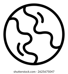 Simple black and white line art icon of planet earth showing oceans and continents