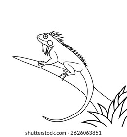Simple black and white line art illustration of an iguana perched on a branch. Ideal for educational materials, coloring pages, and nature-themed designs.