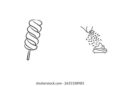Simple black and white line art illustration of a marshmallow and dessert toppings