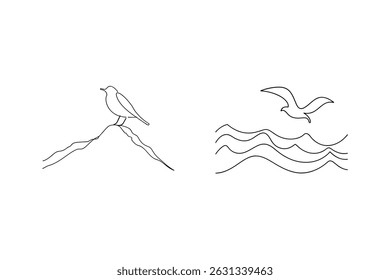 Simple black and white line art illustration of birds seagull and waves on white background