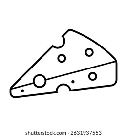 A simple black and white line art illustration of a wedge of cheese with holes. The drawing shows a triangular piece of cheese with characteristic air pockets, suitable for dairy, food, and snack them