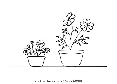 Simple arte de línea en blanco y negro de flores en macetas en dos contenedores de diferentes tamaños