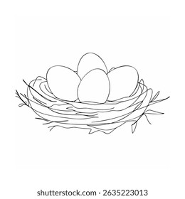 Simple black and white line art illustration of a bird nest holding four eggs