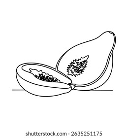 Simple black and white line art illustration of a freshly cut ripe papaya fruit