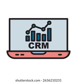Uma ilustração simples em preto e branco de um laptop exibindo um ícone de CRM (Customer Relationship Management, gerenciamento do relacionamento com o cliente) com gráficos e análises de dados