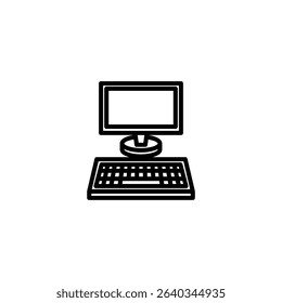 A simple black and white line art icon of a desktop computer.  Illustrates a monitor and keyboard.