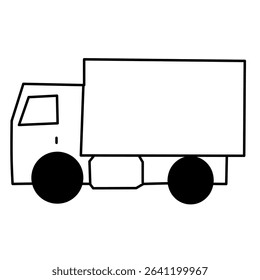 Simple black and white line art of a delivery box truck. Great for kids’ coloring books, transport icons, educational visuals, or vehicle-themed creative projects.