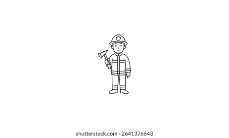 Simple black and white line art illustration of a firefighter in uniform. Created with AI assistance and manually traced in Adobe Illustrator for vector use.