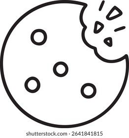 A simple, black and white line art illustration of a cookie with a bite taken out of it, leaving crumbs.