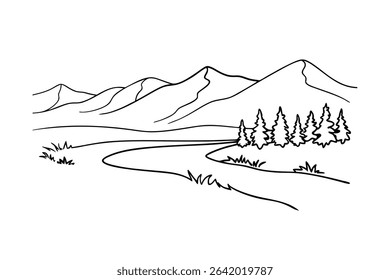 Simple black and white line art landscape depicting mountains and natural scenery