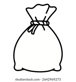 Uma simples ilustração em preto e branco de uma bolsa de dinheiro amarrada ou saco. Simboliza riqueza, poupança, atividade bancária ou lucro. Um ícone clássico para os conceitos financeiros e econômicos.
