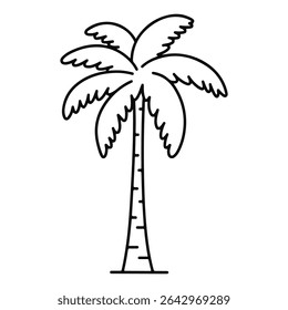 Uma simples ilustração em preto e branco de uma palmeira alta. Evoca temas tropicais, praia e férias. Perfeito para logotipos de viagem, projetos de verão, ou como um ícone de natureza exótica.