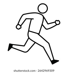 A simple black and white line art icon of a person running. Represents speed, exercise, sports, or urgency. A minimalist graphic for fitness, marathon, or action concepts.