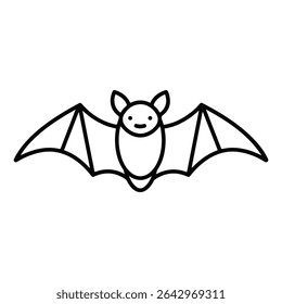 Uma simples ilustração em preto e branco de um bonitinho morcego de desenho animado com suas asas abertas. Ótimo para projetos de Halloween, temas de animais noturnos, ou como um ícone divertido e assustador.