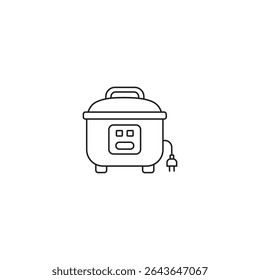 Simple black and white line art illustration of a modern rice cooker. Clean vector style with a rounded shape, control panel, and power cord. Perfect for kitchen appliance themes, food-related graphic