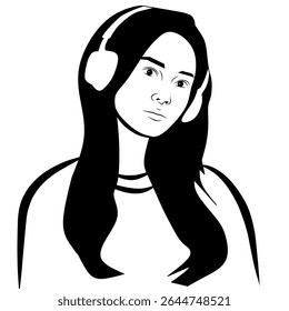 A simple black and white line art illustration depicts a person with long hair wearing headphones, looking directly forward.
