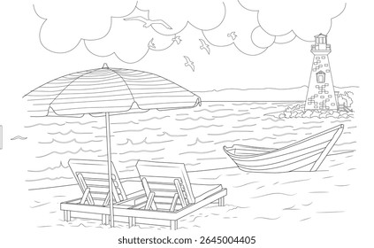 Simple black and white line art illustration of a peaceful beach landscape with a lighthouse, lounge chairs, umbrella, and boat on the sea.