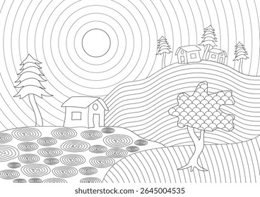 Simple black and white line art illustration of an abstract landscape with houses, trees, hills, and wavy patterns, perfect for coloring books, backgrounds, or minimal design.