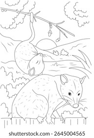 Simple black and white line art cartoon illustration of lazy animals resting outdoors, perfect for children's coloring books.