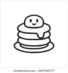 Simple black and white line art of a stack of three pancakes topped with a cute smiling character and dripping syrup, perfect for breakfast themes or food icons.