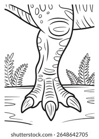 um simples desenho em preto e branco da arte da linha de um pé de dinossauro com garras, adequado para uma página colorida, com plantas e água em torno dele.