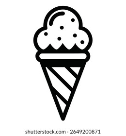  A simple black and white line art icon of an ice cream cone with a scoop of ice cream topped with sprinkles. Perfect for dessert, summer, and sweet treat concepts.