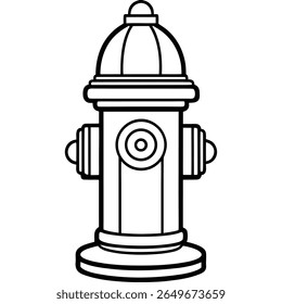 Um simples desenho em preto e branco de um hidrante. O hidrante tem um topo abobadado com uma pequena tampa, um corpo cilíndrico com dois bicos laterais e uma base larga. 