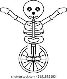 A simple black and white line art illustration of a cartoon skeleton balancing on a unicycle with its arms outstretched.