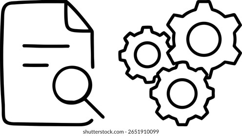 Ícones simples em preto e branco representando um documento com uma lente de aumento e três engrenagens interligadas, simbolizando análise e mecânica.