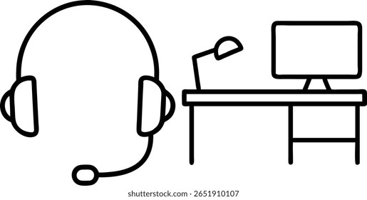 A simple black and white line art illustration of a headset with a microphone and a desk with a computer monitor and a desk lamp.