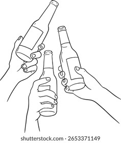 Simple black and white line art illustrations featuring hands holding and toasting beer bottles. Perfect for conveying celebrations, friendship, and casual gatherings. Ideal for web, print.