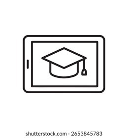 Um ícone simples em preto-e-branco representa um teto de formatura exibido em uma tela de tablet, simbolizando educação on-line, e-learning e aprendizagem digital.