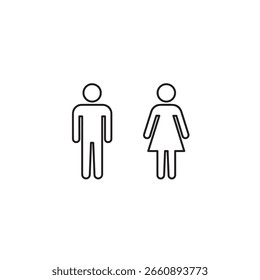 Una simple ilustración de arte de línea en blanco y negro que representa figuras masculinas y femeninas, que representan el género, las personas y los usuarios, aislados sobre un fondo blanco.