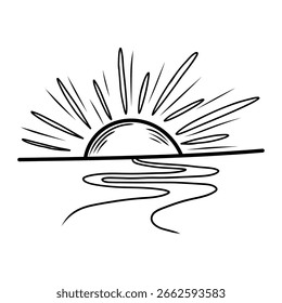Simple black and white line art illustration of sun rising above water surface with light reflections, creating a peaceful and serene atmosphere